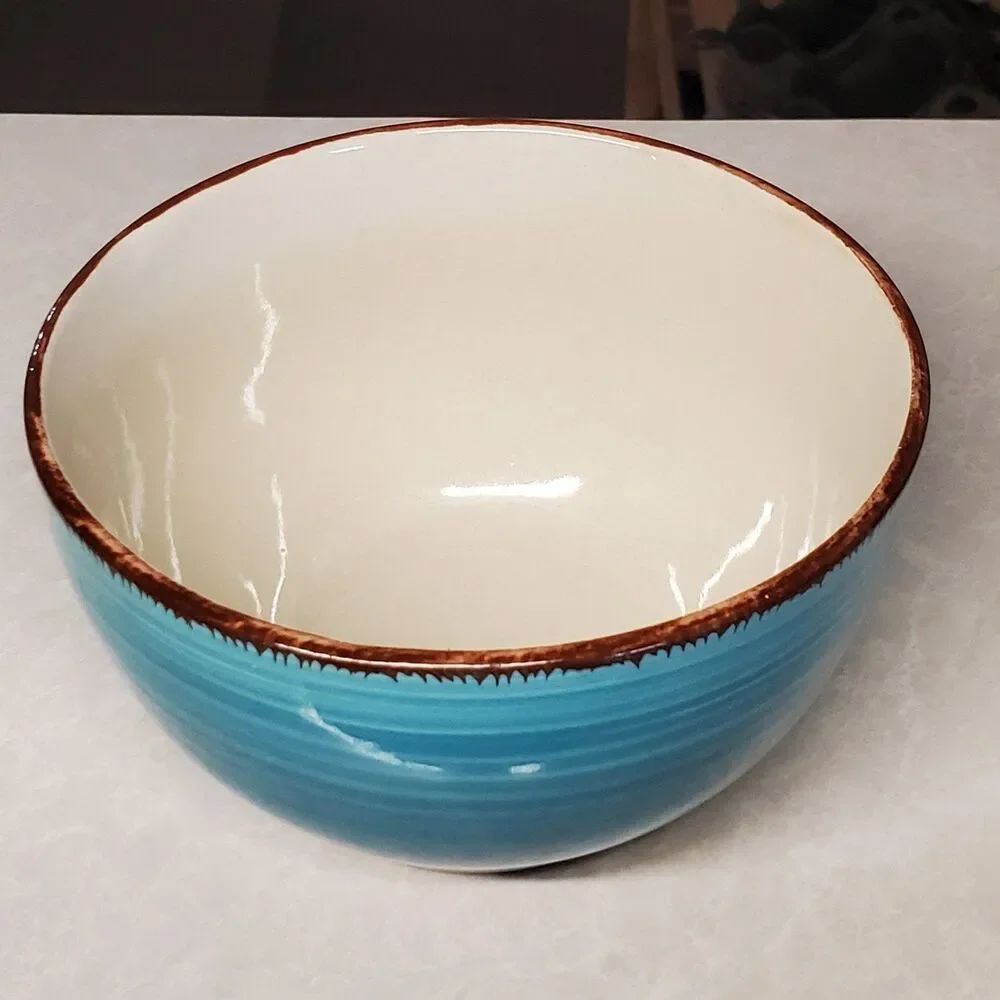 Royal Norfolk Turquoise Swirl Coupe Brown Trim Soup Cereal Pasta Pottery Bowl